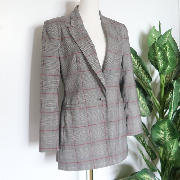 Zara Gray Plaid Checkered Single-breasted Blazer Red Windowpane Classic Office M - Picture 4 of 14
